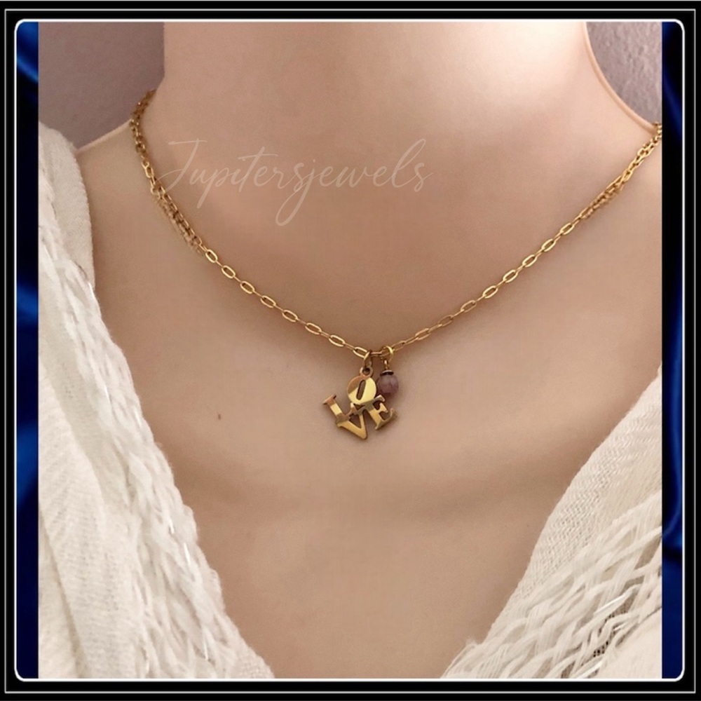 New 14k Gold Love Bead Charm Steel Laser Chrome Paperclip Necklace